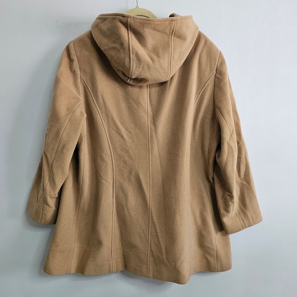 AK Anne Klein 2X Double Breasted Hooded Wool Blend Pea Coat Jacket Tan Classic ~ - Picture 2 of 13